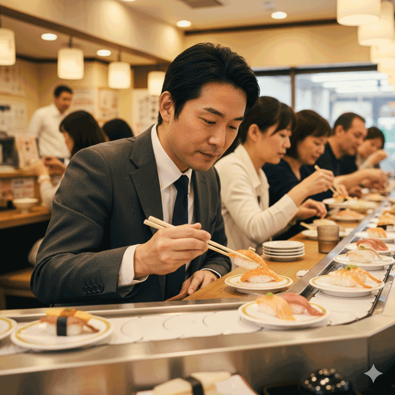 回転寿司を食べる会社員