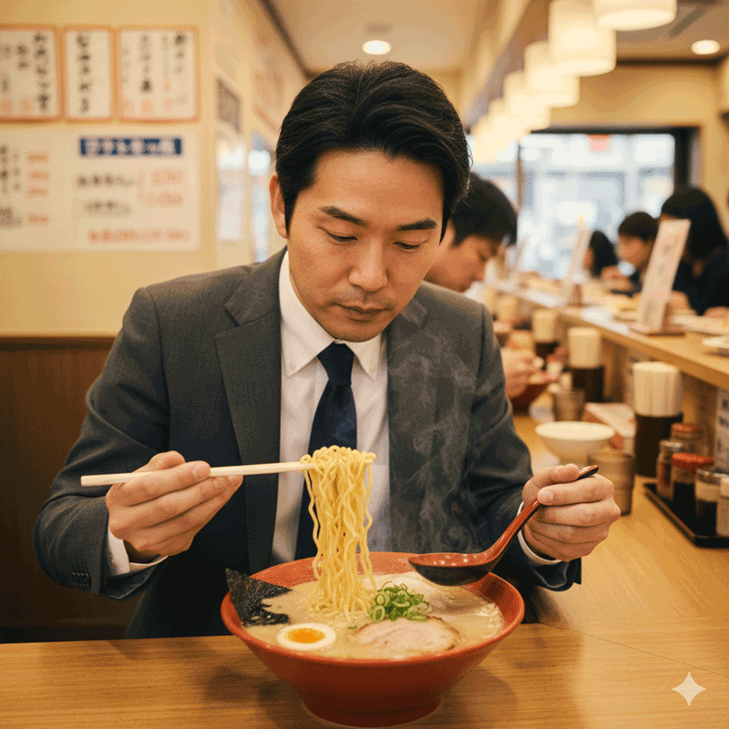 ラーメンを食べる会社員