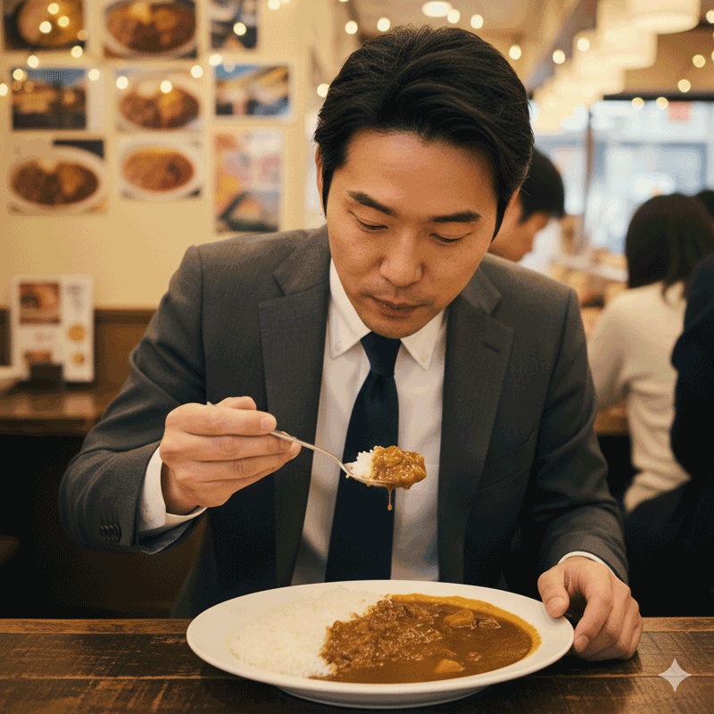 カレーを食べる会社員