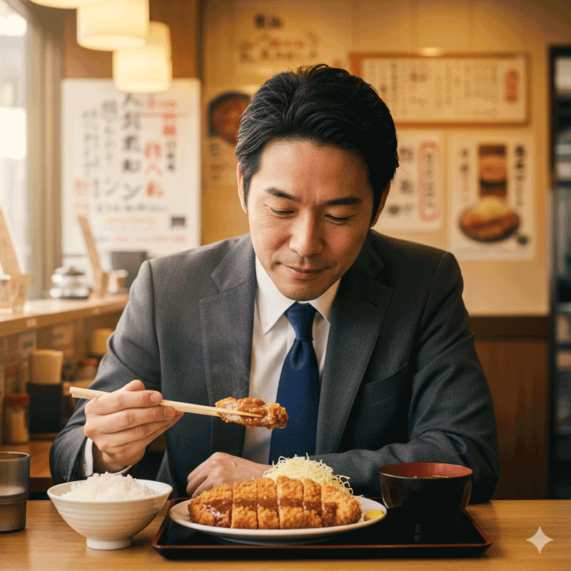 とんかつ定食を食べる会社員